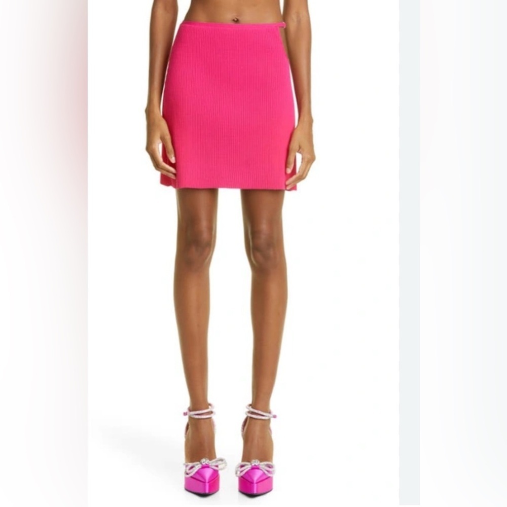 MACH & MACH Pink Crystal Bow Cutout Ribbed Rib Knit Mini Skirt